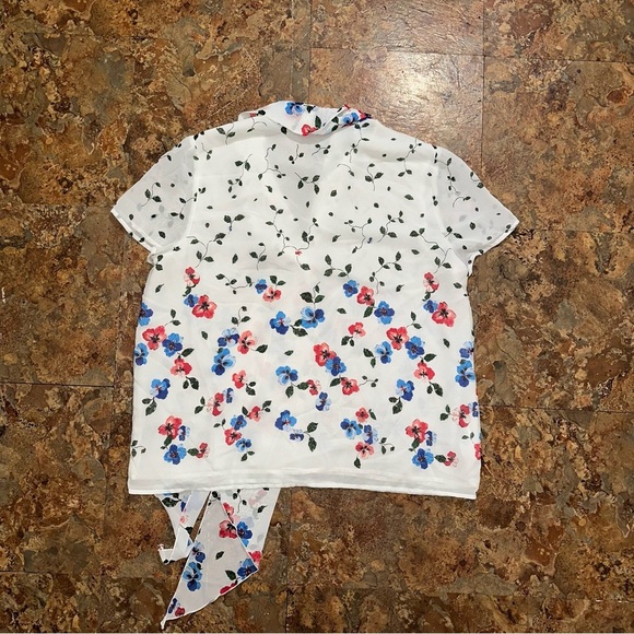 Ann Taylor White Spring Floral Chiffon Lined Short Sleeve Blouse V-neck w Scarf - Picture 3 of 9
